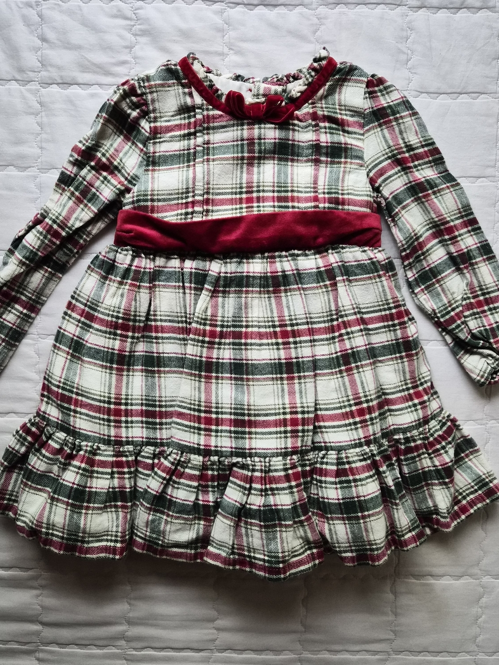 Tommy Bahama White, Red & Green Plaid Velvet Sash Girls' Dress